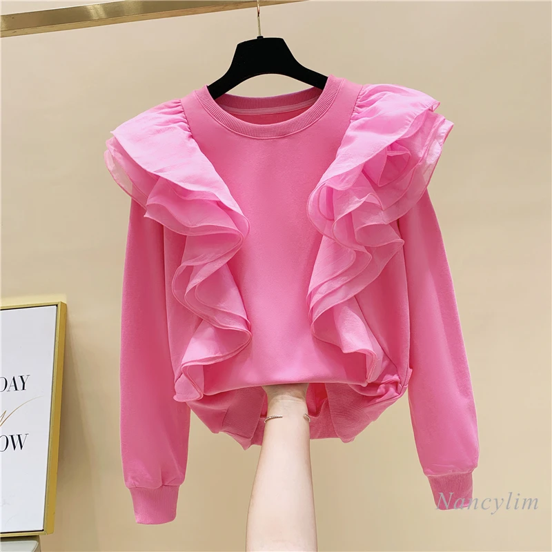 Mesh Ruffled Hoodie Woman Round Neck Pullover Loose Female Top 2021 Spring Autumn New Korean Style Sweatshirt Pink White Black
Mesh Ruffled Hoodie Woman Round Neck Pullover Loose Female Top 2021 Spring Autumn New Korean Style Sweatshirt Pink White Black