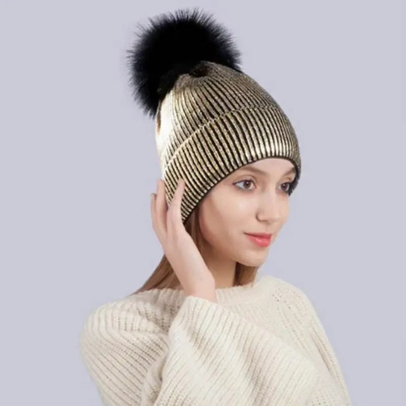 

Winter Sparkly Bronzing Color Hats For Women Hat Female Winter Knitting Warm Hairball Hat for Girls Gold Silver Pompon Caps