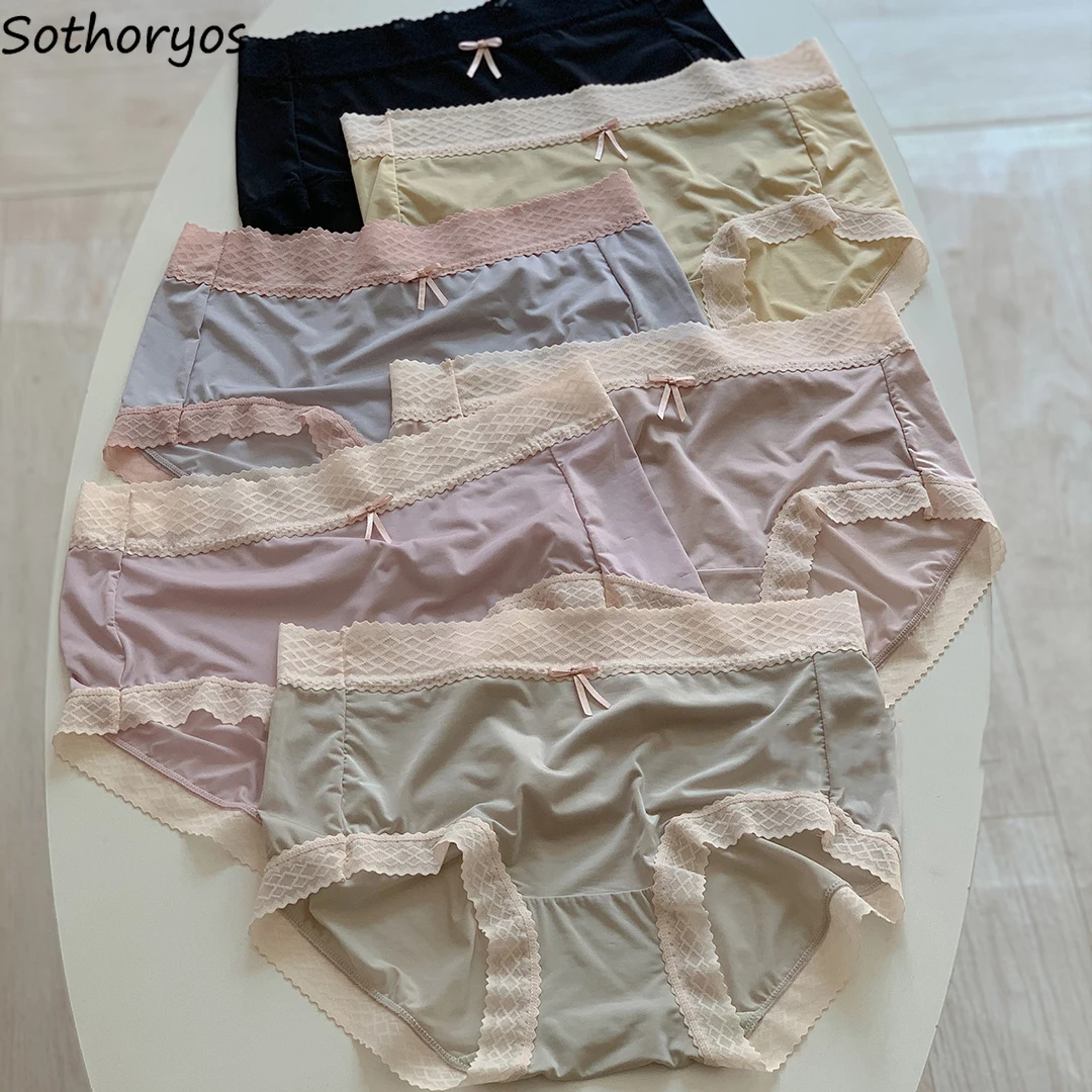 

Summer Seamless Panties Women Silk Sexy High Waist Lace Bow Patchwork Underpants Stretchy Simple Skin-friendly Soft Temptation