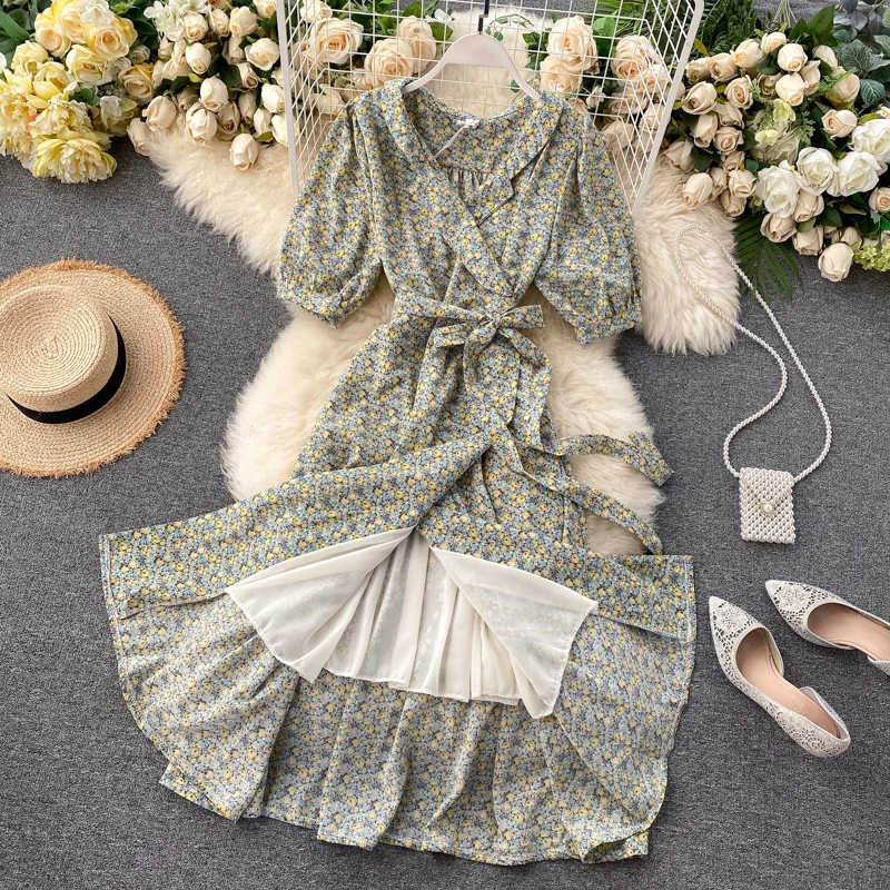 

summer 2020 New Fashion Women's Elegant Dress Vintage Bubble sleeves V-neck dress High Waist Slim Sweet Floral Ladies long Dress