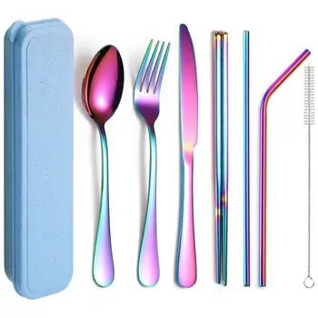 8Pcs/Set Stainless Steel Portable Utensils Travel Camping Including Knife Fork Spoon Chopsticks Cleaning Brush Straws Case