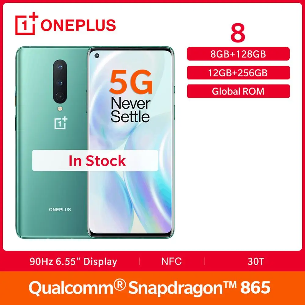 Новый смартфон OnePlus 8 5G Global Rom ГБ 128 Snapdragon 865 90 Гц 6 55 "Fluid AMOLED 4300 мАч Warp 30 Вт 48 МП