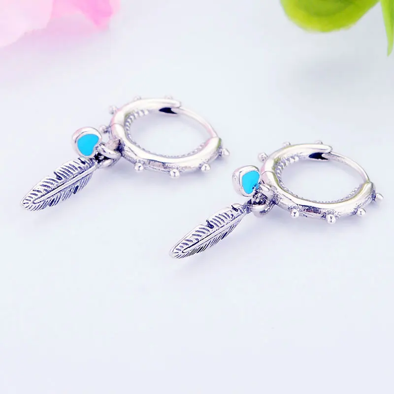 

Plata de Ley 925 borla de pluma aro hebilla pendiente del perno prisionero esmalte azul corazón mujeres chico chica Boho pendientes de plata y circonita para niña Brinco