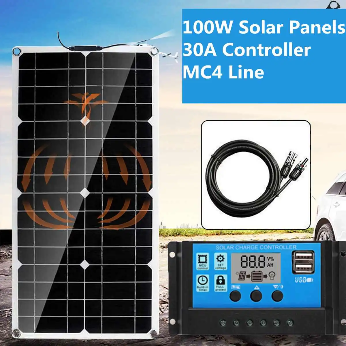 100w solar panel dual usb 18v solar power panels 30a solar