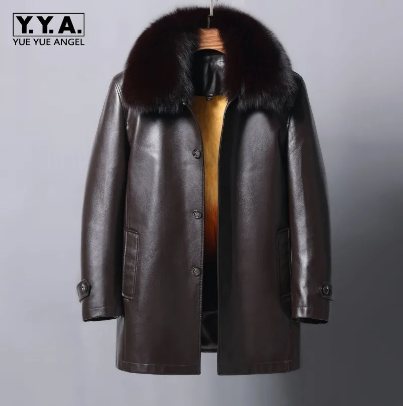 

Smart Casual Detachable Fox Fur Collar Rex Rabbit Fur Mens Faux Leather Jackets Single Breasted Loose Medium Length Overcoats