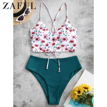 

ZAFUL Floral Scalloped Crisscross Tankini Swimsuit High Waisted Flower Mix And Match Strap Set Crop Top Elastic Two-Piece Suits