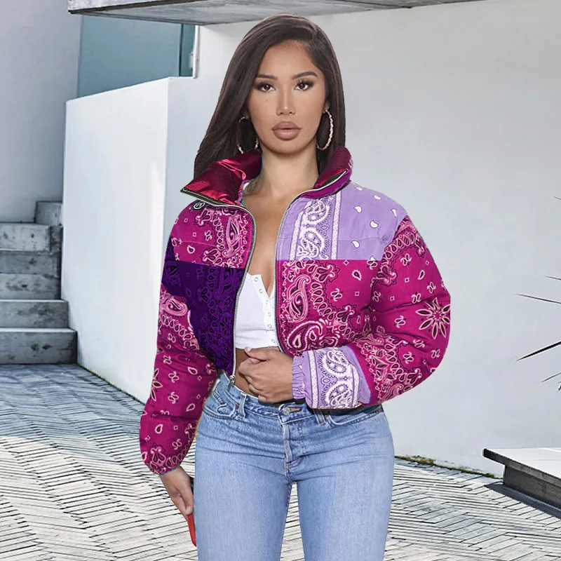 Short Print Cotton-Padded Jacket Women 2020 European And American Fashion New Winter Stand-Up Collar Long-Sleeved Coat Trendy