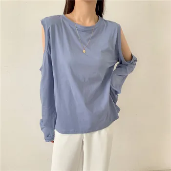 Early autumn solid color round neck long sleeve off-shoulder cotton T-shirt women gray
Early autumn solid color round neck long sleeve off-shoulder cotton T-shirt women gray