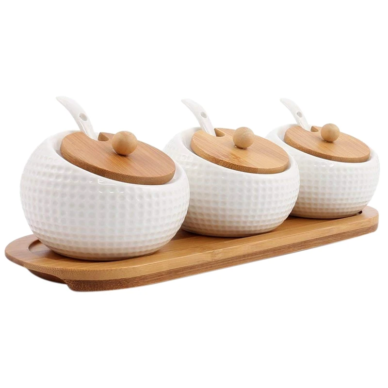 

Porcelain Condiment Container Spice Jar with Lids - Bamboo Cap Holder Spot, Ceramic Serving Spoon, Wooden Tray,Best Pottery Crue