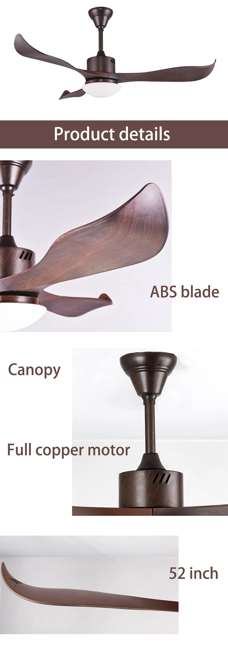 Indoor Decorative Wood Grain 3 ABS Blades Fan Lamp Energy Saving Ceiling Fan With Light