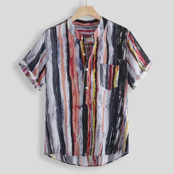 Men Summer Stand Collar Strip Print Short Sleeve Shirt Top Plus Size shirts Hawaiian camisa social masculina chemise homme
Men Summer Stand Collar Strip Print Short Sleeve Shirt Top Plus Size shirts Hawaiian camisa social masculina chemise homme