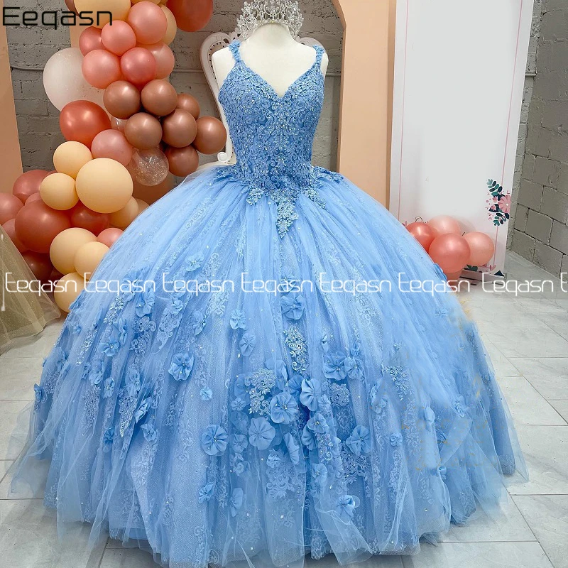 

Vestidos De 15 Años Blue Quinceanera Dresses Lace Applique 3D Flowers V Neck Sweet 16 Formal Prom Dress robe de soirée