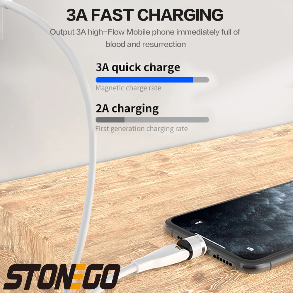 STONEGO 540 ° вращающийся зарядный кабель 3A Магнитный USB для быстрой зарядки