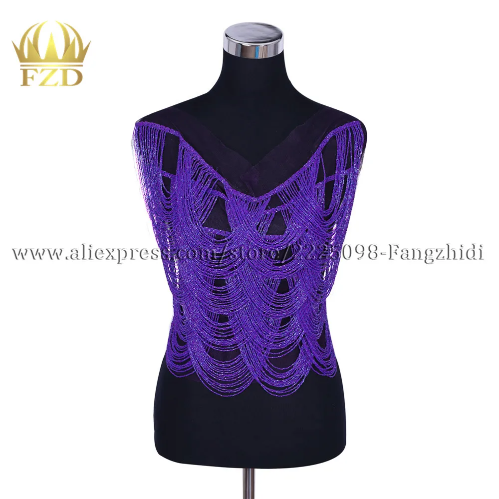 FZD 1 Piece Elegant Handmade Sew On Rhinestone Patch Purple Beaded Tassel Bodice Dress Body Dangling Applique for T Show Costume | Дом и сад