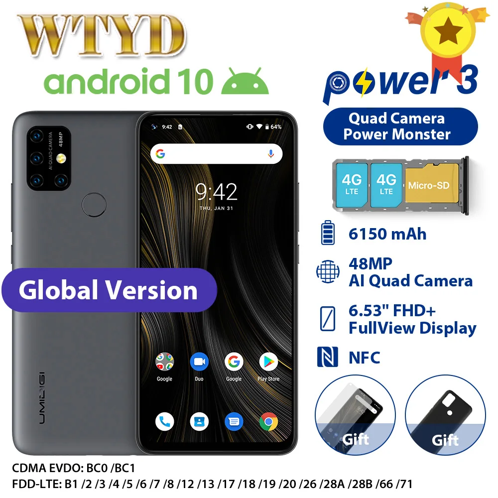 Смартфон UMIDIGI Power 3 4 камеры Android 10 4G 6 53 дюйма + 64 ГБ 6150 мА · ч быстрая зарядка Face ID