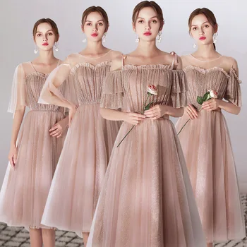 Bridesmaid Dresses Sparkling A-Line Wedding Party Dress Champagne Gold Knee-Length Formal Gowns Boat Neck Sling Vestidos R090 
Bridesmaid Dresses Sparkling A-Line Wedding Party Dress Champagne Gold Knee-Length Formal Gowns Boat Neck Sling Vestidos R090