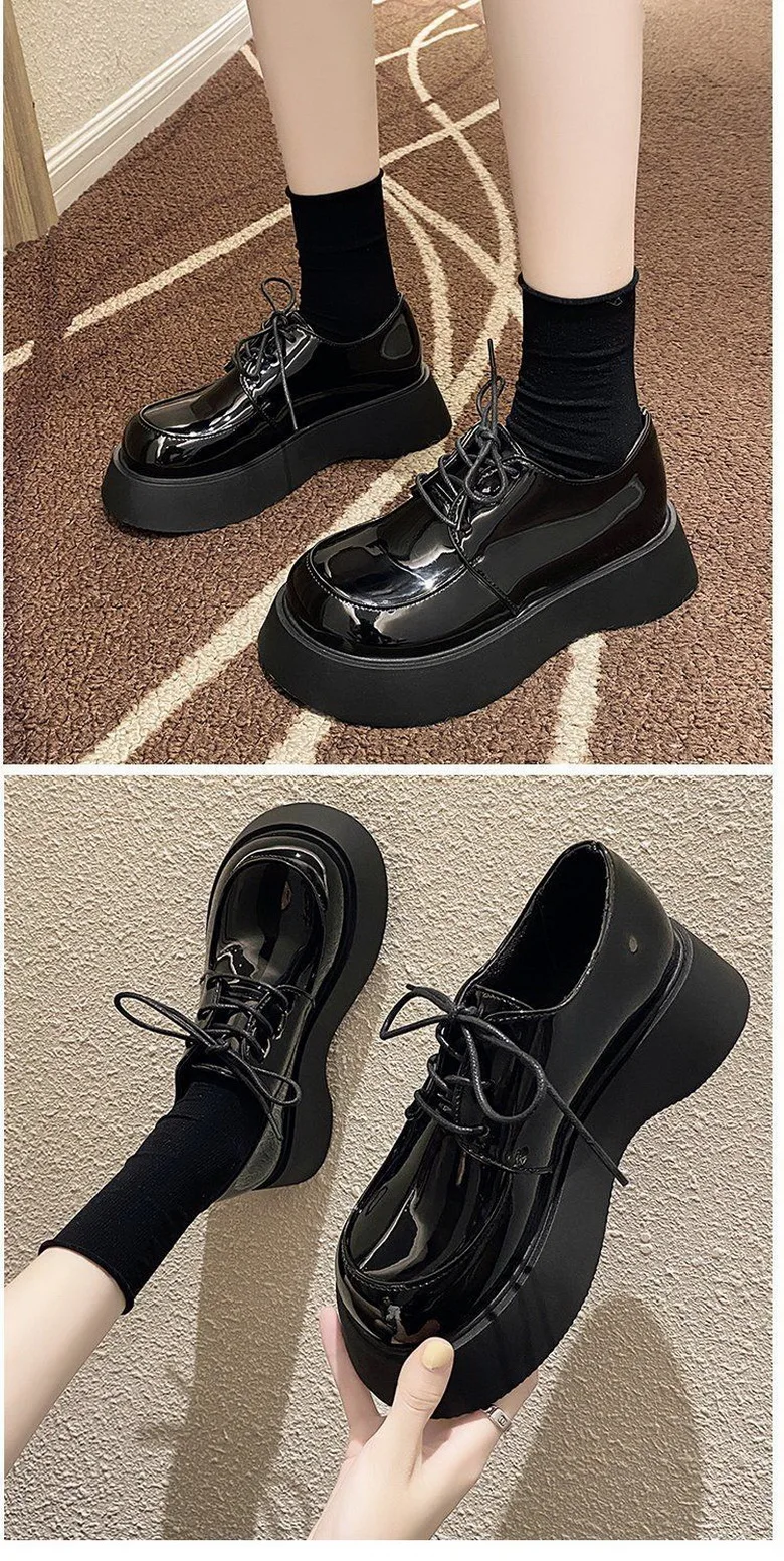 Platforms Shoes Women Bottom Heels Woman Autumn Shoes Round Big toe Shoe British Style Girls Faves Footwear Slip On Black