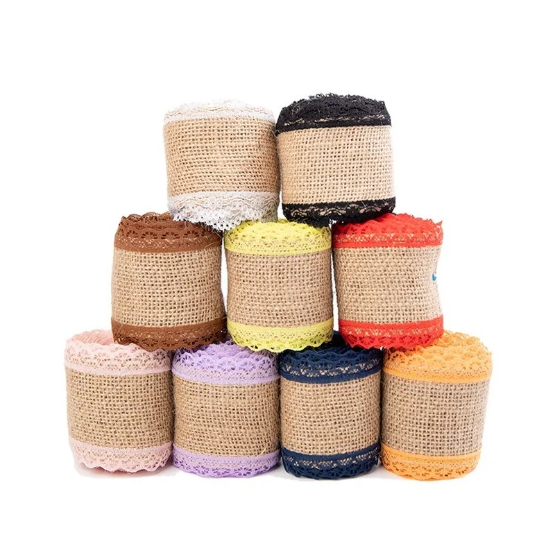 

2m Natural Jute Burlap Ribbon Roll with Colored Lace Hessian Ribbon for Wedding Party Decor Craft DIY Making Christmas Ornaments