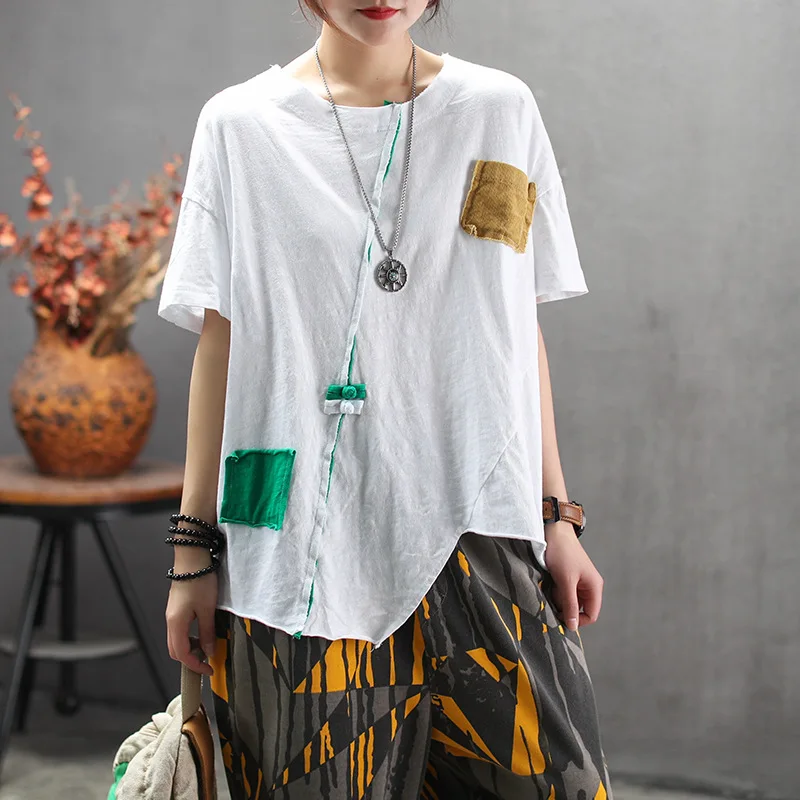 Summer T Shirt Round Neck Short Sleeve Irregular Color Patches Tops Loose Fashion Tees And Pullovers Female Vintage Retro Z2
Summer T Shirt Round Neck Short Sleeve Irregular Color Patches Tops Loose Fashion Tees And Pullovers Female Vintage Retro Z2