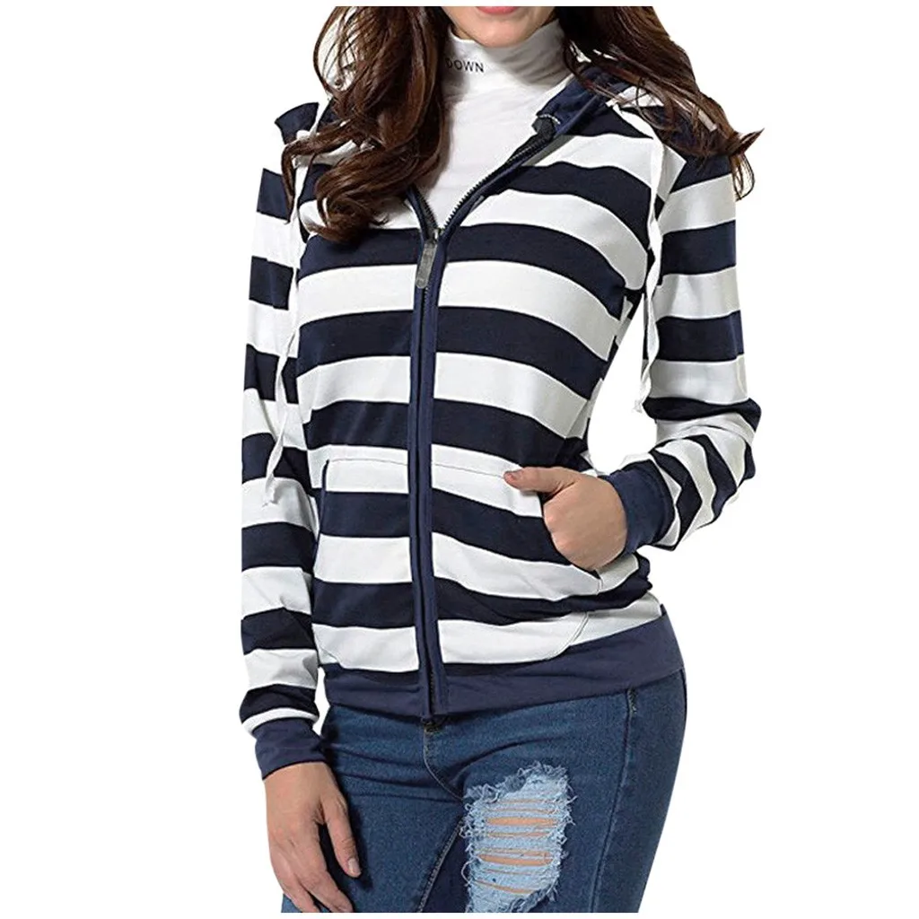 Фото Jacket Coats Women Casual Warm Stripe Print Zipper Outerwear Hooded Pockets Sweatshirt Slim Female Oversize #45 | Женская одежда