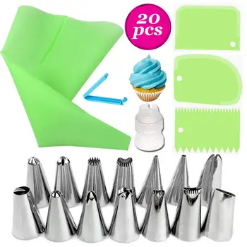 

20PCS/Set Stainless Steel Nozzle Cream Scrapers Pastry Bag Pipe Converter DIY Icing Piping Cream Cake Decoration Baking Tool Set