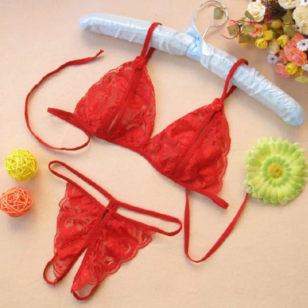 Erotic Women Lace See Through Triangle Cup Bra Open Crotch Briefs Set