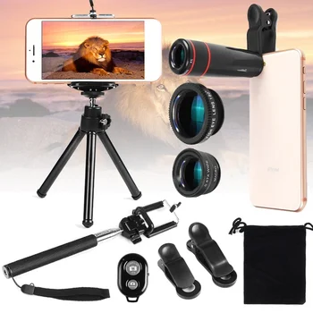 12in1 Phone Camera Lens 8x Lenses Fish Eye Fisheye Lentes Wide Macro Lenses Selfie Stick Monopod Tripod for iPhone 8 7 6S 6 SE