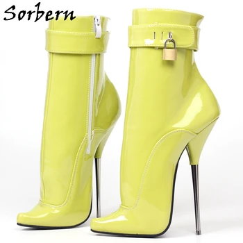 

Sorbern Patent Yellow Ankle Boots Lockable Straps 18Cm Ballet Metal High Heels Pointy Toes Custom Color Fetish Shoes