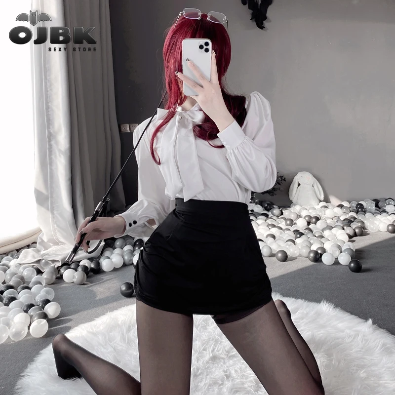 

OJBK Sexy Lingerie Secretary Outfit Uniform School Teacher Exotic Cosplay Costumes Office Lady Long Sleeve Top With Mini Skirt