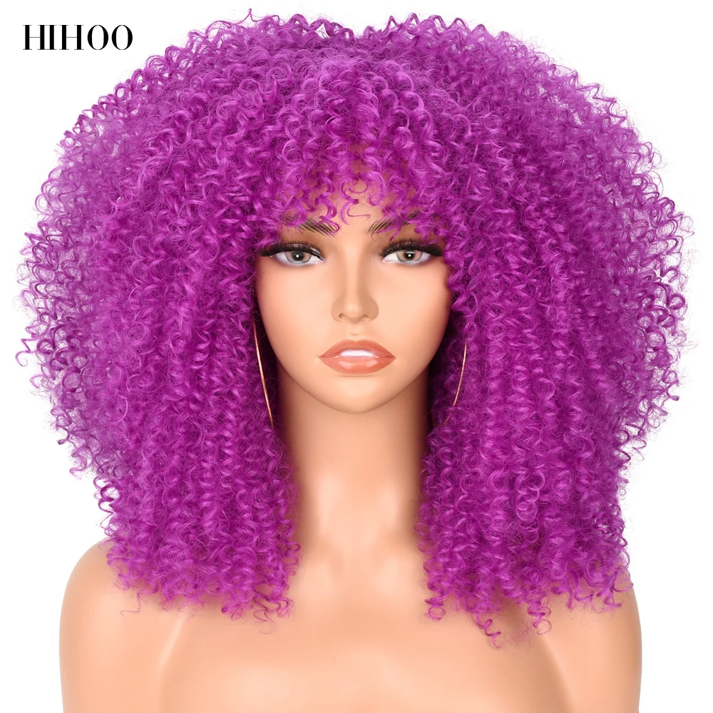 

Afro Kinky Curly Wigs With Bangs For Black Women Cosplay Blonde Wig Short Wig Natural Hair Synthetic Glueless Red Blue