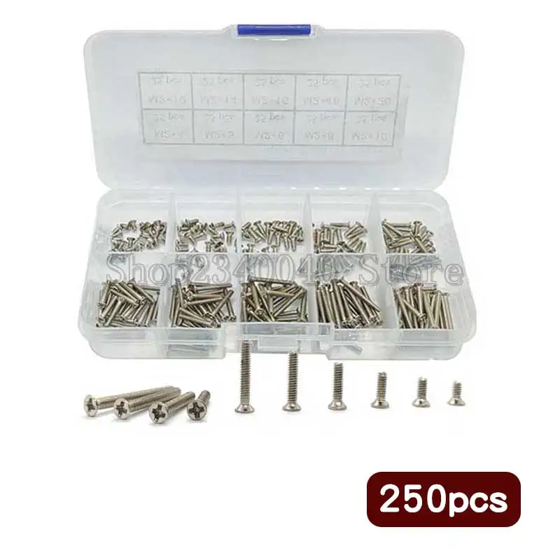 250Pcs/set Nickel Plated Flat Head Phillips Screw Assortment Kit M2*4/5/6/8/10/12/14/16/18/20mm for computer small screw silvery
250Pcs/set Nickel Plated Flat Head Phillips Screw Assortment Kit M2*4/5/6/8/10/12/14/16/18/20mm for computer small screw silvery