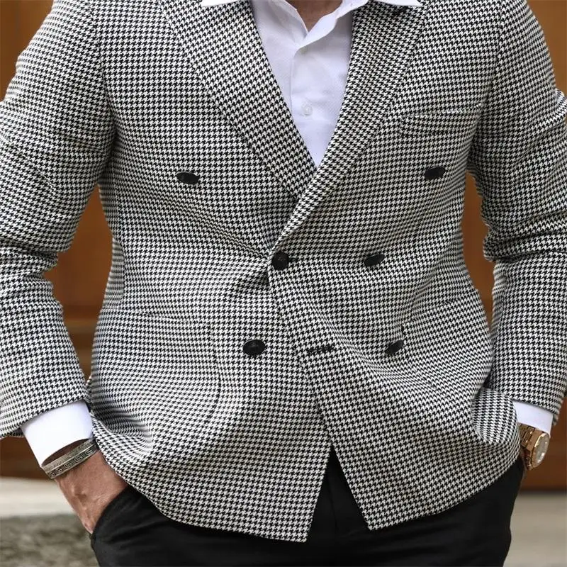 

2021 Newest Houndstooth Gentlemen Suits Cotton Blend Double Breasted Notched Lapel Men Suits Custom Made Formal Coat 1 pc