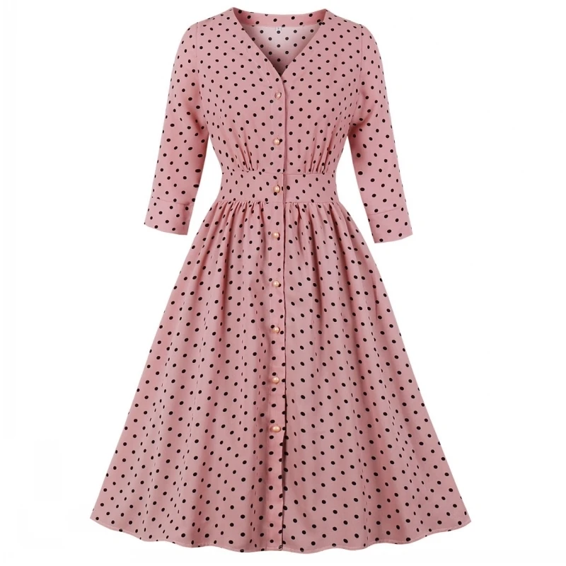Spring Autumn Women Retro Dress Dots Solid 60s Pin Up Rockabilly Dress 3/4 Sleeve Button Party Vestidos De Festa
Spring Autumn Women Retro Dress Dots Solid 60s Pin Up Rockabilly Dress 3/4 Sleeve Button Party Vestidos De Festa