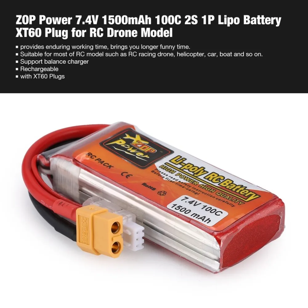 

ZOP Power7.4/14.8V 1500/2000mAh 100/95C 2/4S 1P Lipo Battery XT60 Plug Rechargeable for RC Racing Drone Helicopter Car Boat Mode