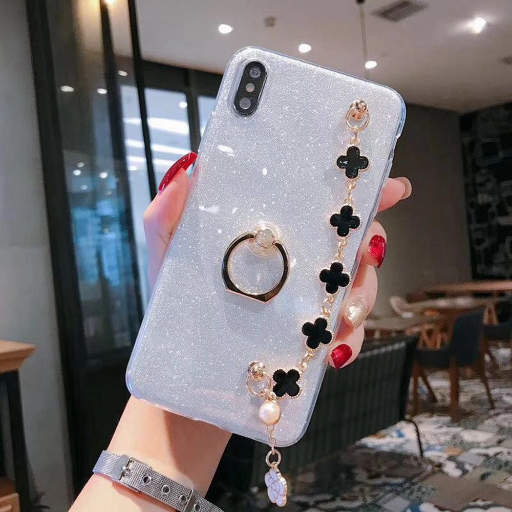 

3D Pearl Bracelet Glitter Tpu Case for Samsung galaxy S10e S10 lite S9 plus S8 S7 edge Four-leaf clasp ring bracket phone cover