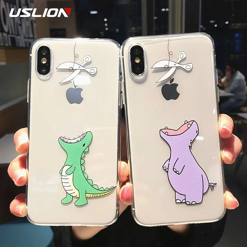 USLION Transparent Cartoon Animals Phone Case For iPhone 7 8 Plus X XS Max XR Cute Dinosaur Soft TPU Cover 5 5s SE |