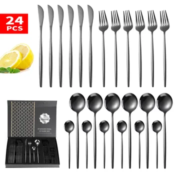 

24pcs Black Cutlery Set Mirror Polished Knife and Fork Spoon Premium Gift Box Set Family Gathering Stainless Steel Tableware Set