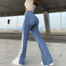 

Ripped Flared Jeans Women Stitching Washed Denim Pants Bleached Skinny Wide Leg Pants 2021 Autumn High Waist Retro Streetwear