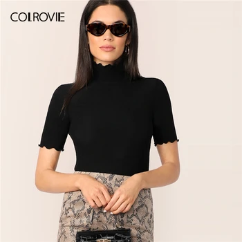 

COLROVIE Lettuce Trim Form Fitted Rib-knit T-shirt Women Short Sleeve Casual Tops 2019 Female High Neck Elegant T-shirts