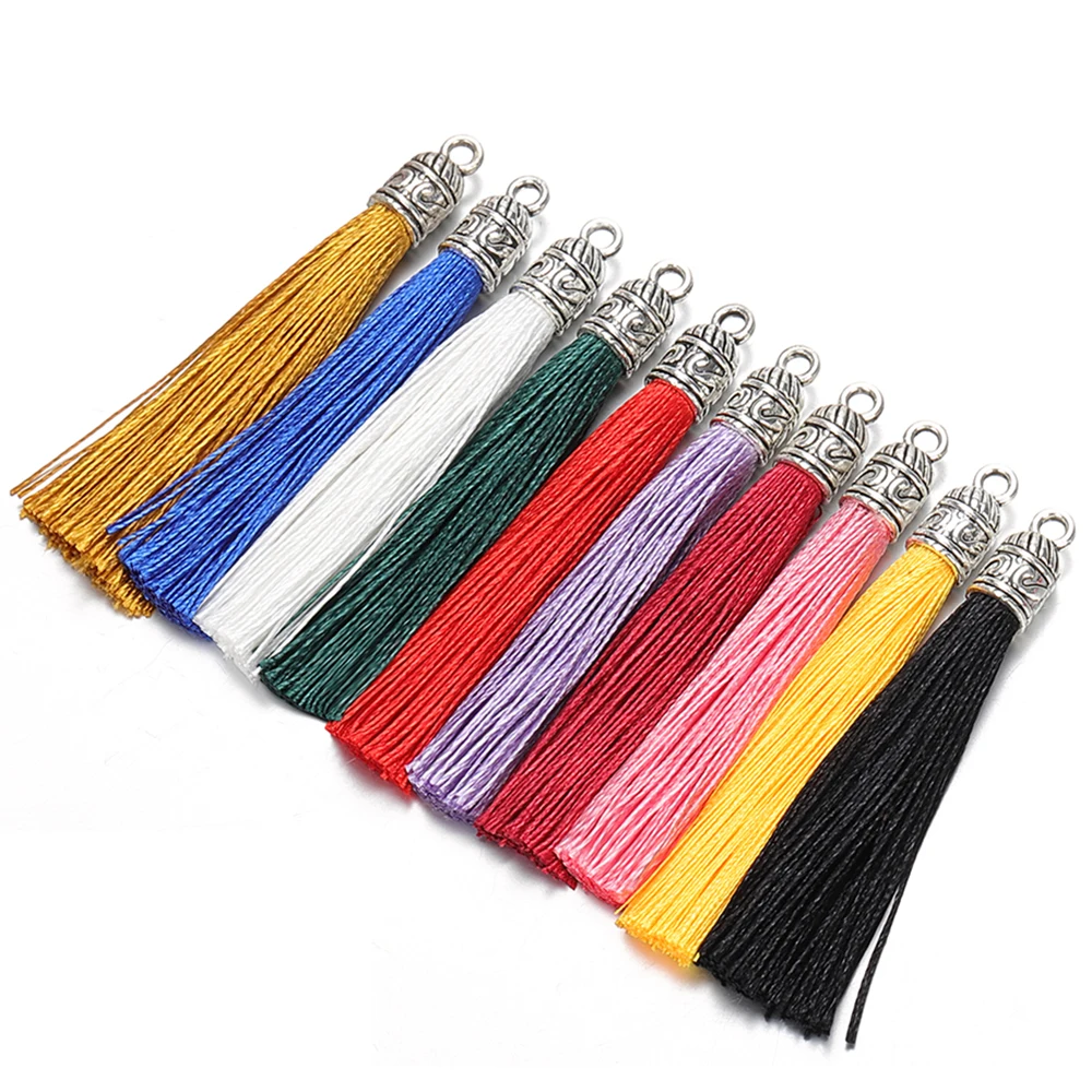 

10Pcs 6cm Silk Tassel Charms Brush Tassels With Antique Silver Caps For DIY Jewelry Making Handmade Earrings Pendant Accessories