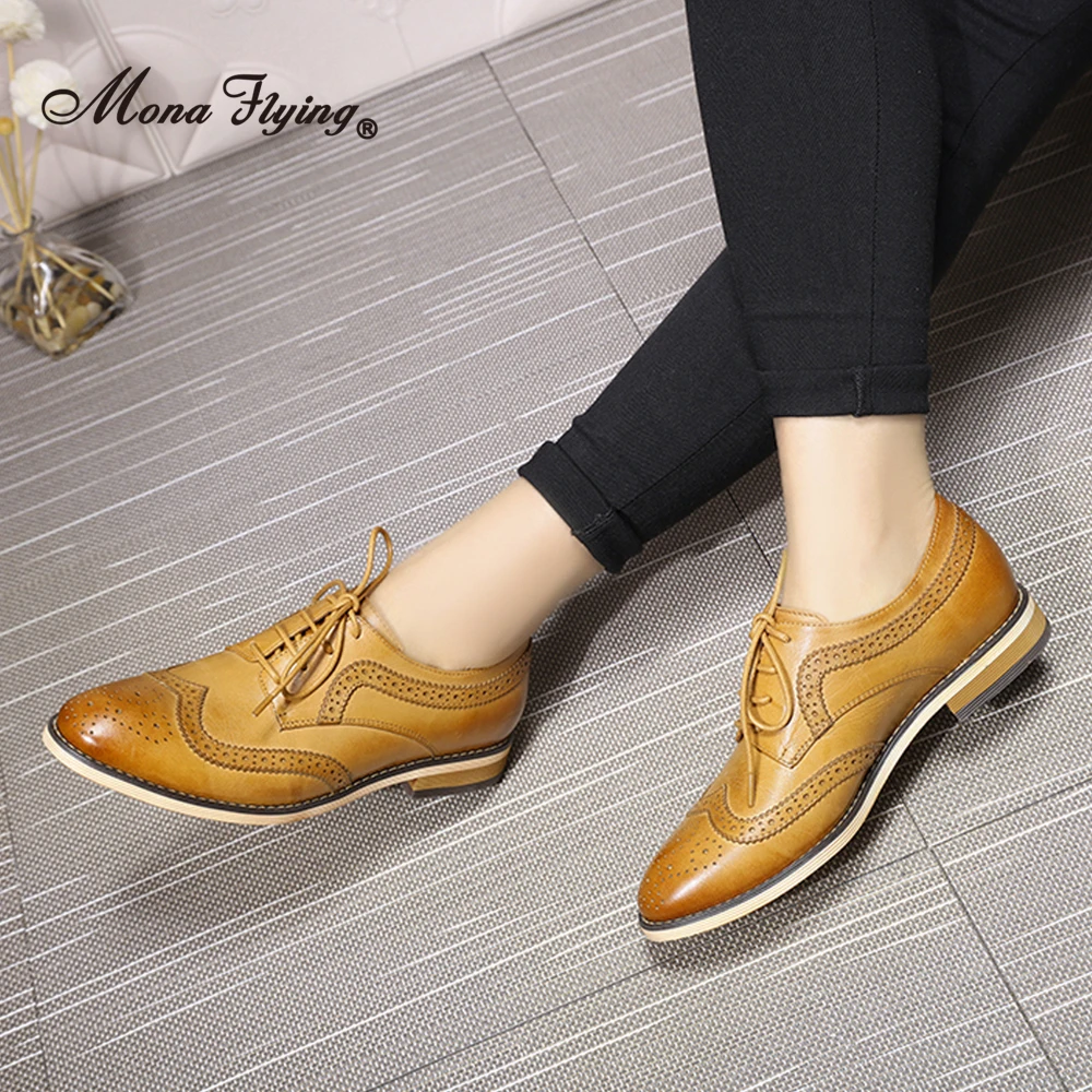 

Mona Flying Women Leather Wingtip Oxfords Hand-made Top Quality Luxury Derby Saddle Casual Flat Lace-up Shoes for Ladies B098-1