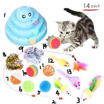 Pet Cat Toy Set Feather Teaser Wand Kitten Catnip Toys Balls Rings Sisal Mouse Cats Interactive Scraper Pet Supplies 14 Pack