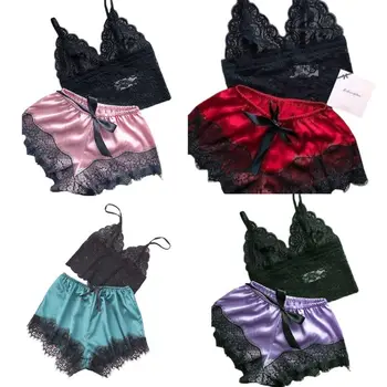 Womens Sexy Eyelash Floral Lace Lingerie Set V-Neck Crop Top Bowknot Faux Silk Wide Leg Shorts Contrast Color Pajamas Sleepwear
Womens Sexy Eyelash Floral Lace Lingerie Set V-Neck Crop Top Bowknot Faux Silk Wide Leg Shorts Contrast Color Pajamas Sleepwear