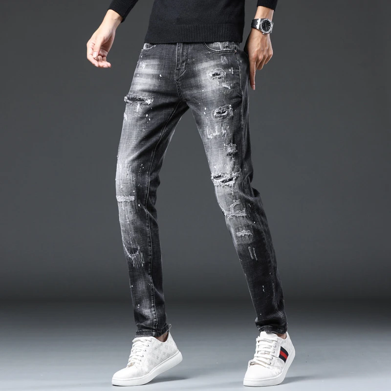 

EH·MD® Ripped Hole Jeans Men's Paint Dots Ink Splattered Soft Cotton High Elastic Leather Label Black Grey Slim Pants Red Ears