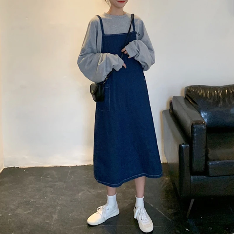 Spring women's cowboy dress with skirt + gray long-sleeved T shirt set with a variety of personality college wind female
Spring women's cowboy dress with skirt + gray long-sleeved T shirt set with a variety of personality college wind female