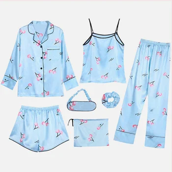 7 Pieces Set Silk Elegant Women Spring Autumn Pajamas Print Shorts Long Sleeve Top Elastic Waist Pants Full Lounge Sleepwear
7 Pieces Set Silk Elegant Women Spring Autumn Pajamas Print Shorts Long Sleeve Top Elastic Waist Pants Full Lounge Sleepwear
