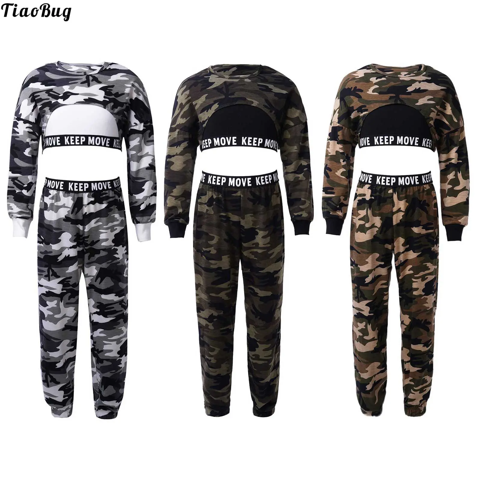 

TiaoBug 3Pcs Kids Girls Camouflage Print Sport Suit Round Neck Sleeveless Crop Vest With Long Sleeves Cover Up Top And Pants Set