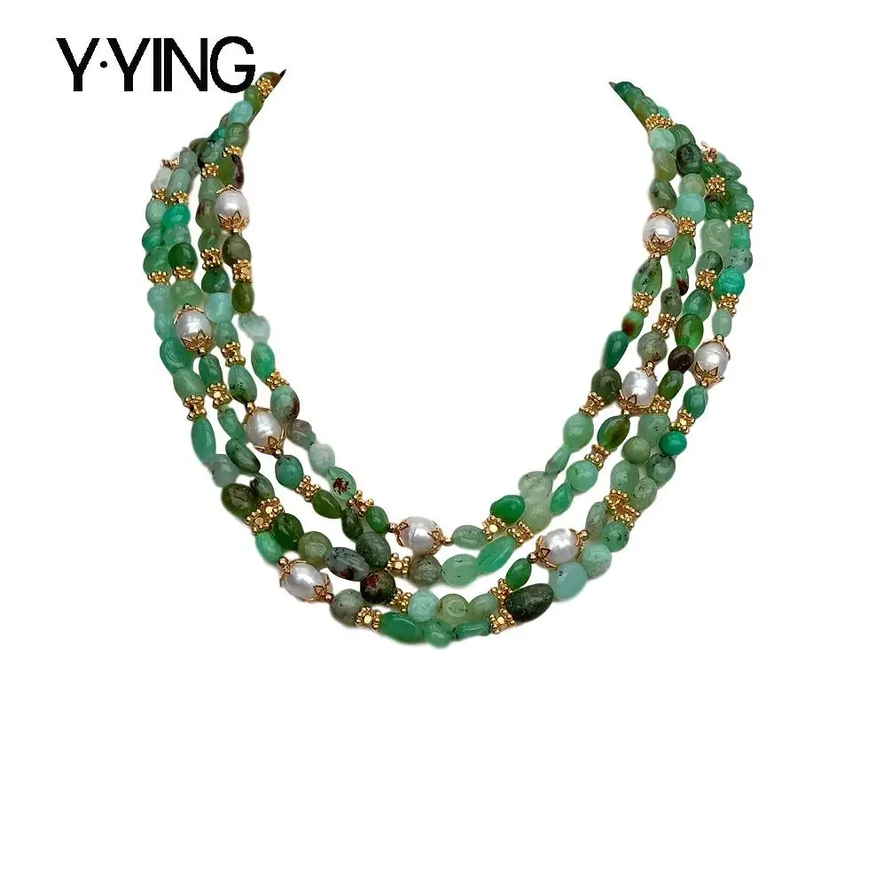 

Y·YING Natural 4 Strands Green Chrysoprase freeform Cultured White Rice Pearl Necklace 21"
