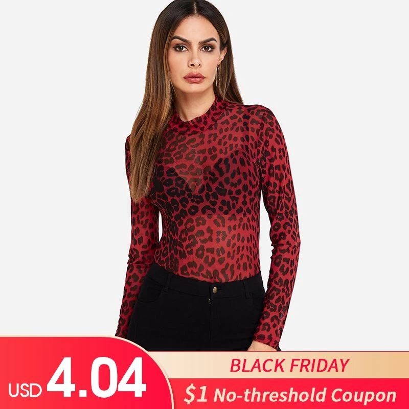 

YOINS Women Leopard Print Blouses Shirts 2019 Spring Autumn Mesh See-through Long Sleeve Blusas Tops Sexy Bodycon Pullovers