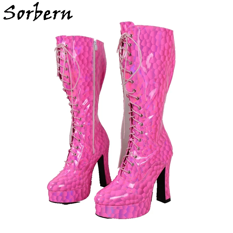 

Sorbern Hot Pink Patent Women Boots Patent Leather Block High Heels Platform Shoes Lace Up Chunky Heeled Designer Shoes Custom